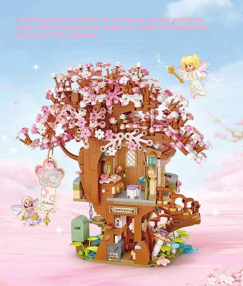 DIY Sakura Tree House Building Blocks Set (400-800 Pieces) - Pink Cherry Blossom Mini House Construction Toy Gift