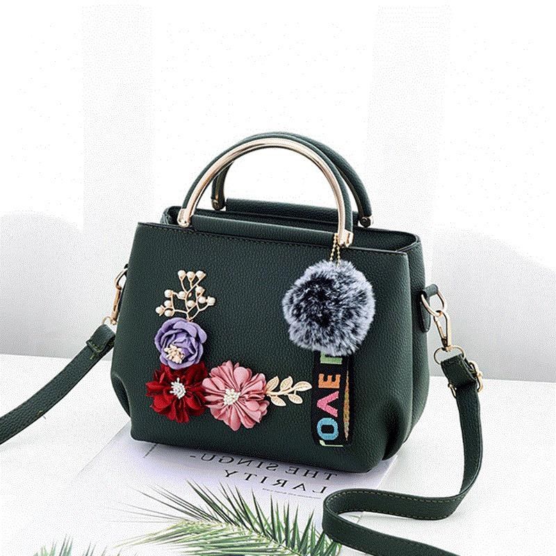 Floral Embroidered PU Shoulder Bag Foldable Medium Handbag
