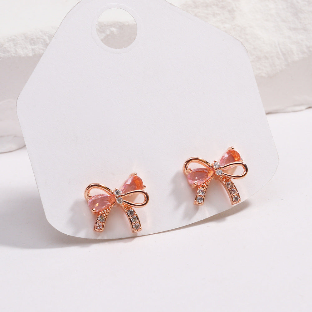 18K Gold Plated Pink Zircon Bow Earrings - Trendy INS Fashion Lightweight Studs for Women