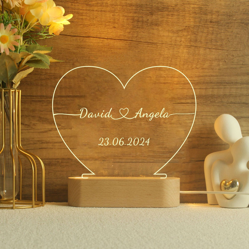 Heart-Shaped LED Night Light with Acrylic Panel and Wooden Base