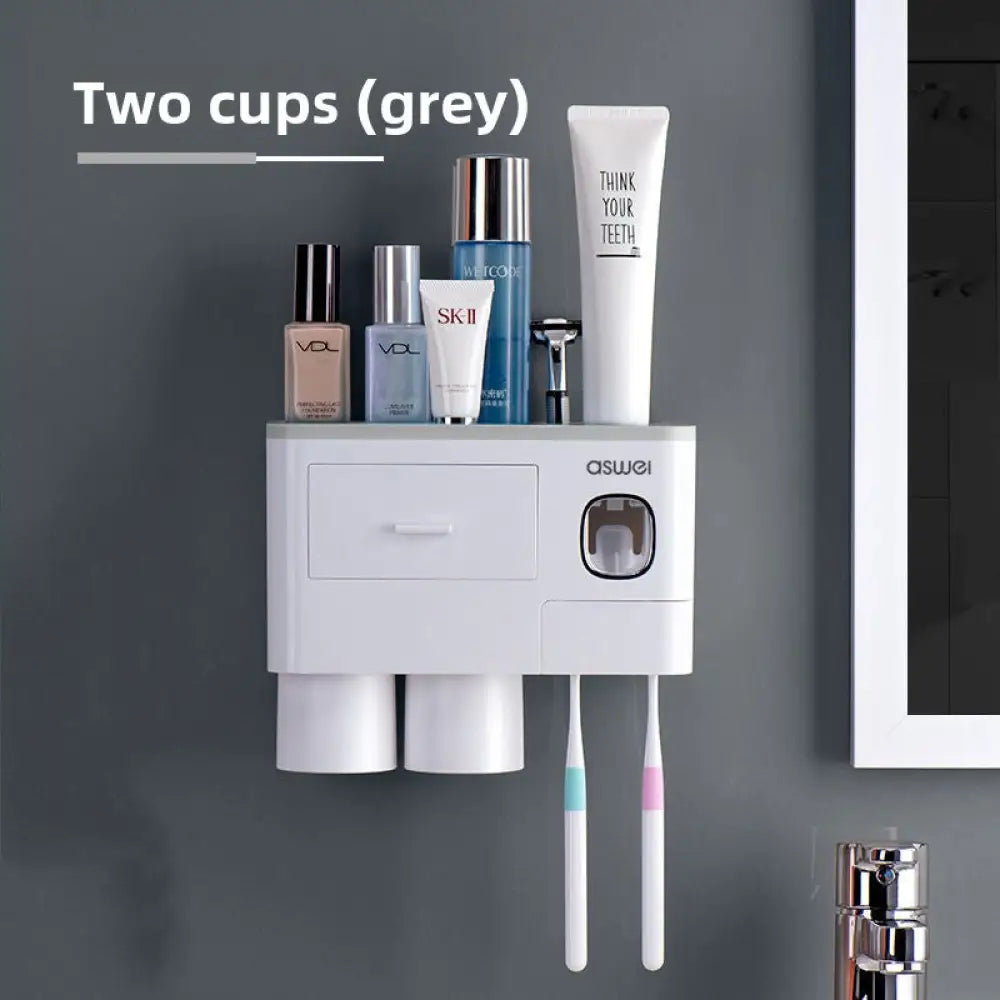 Magnetic Wall-Mounted Toothbrush Holder with Toothpaste Squeezer - GreyCouple 2 cups - Home Decor