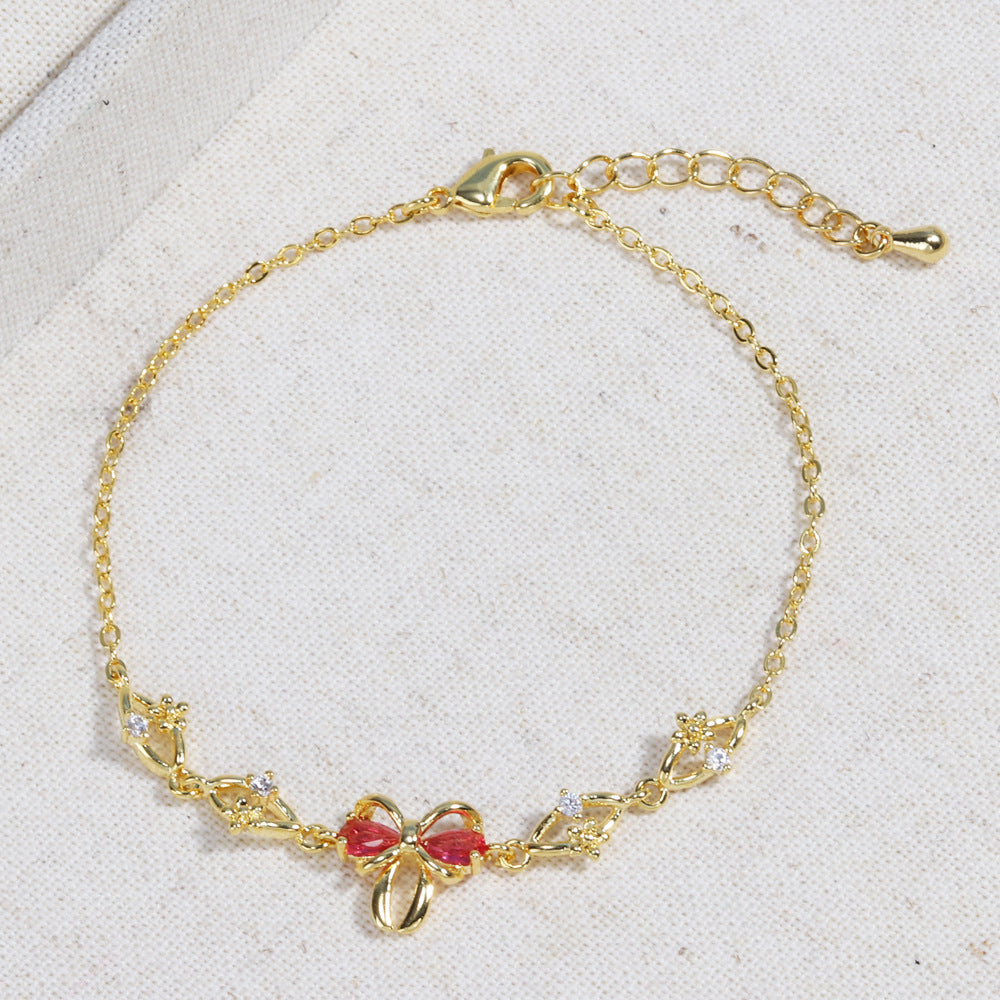 Gold Plated Heart-Shaped Zircon Bow Bracelet - Adjustable Minimalist Womens Jewelry