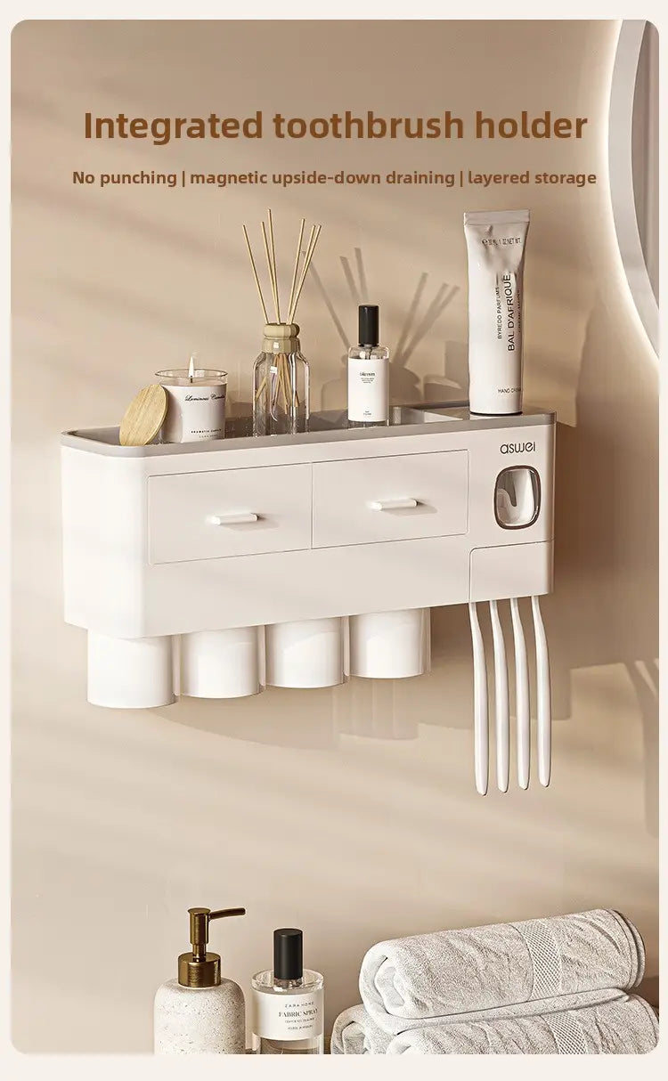 Magnetic Wall-Mounted Toothbrush Holder with Toothpaste Squeezer