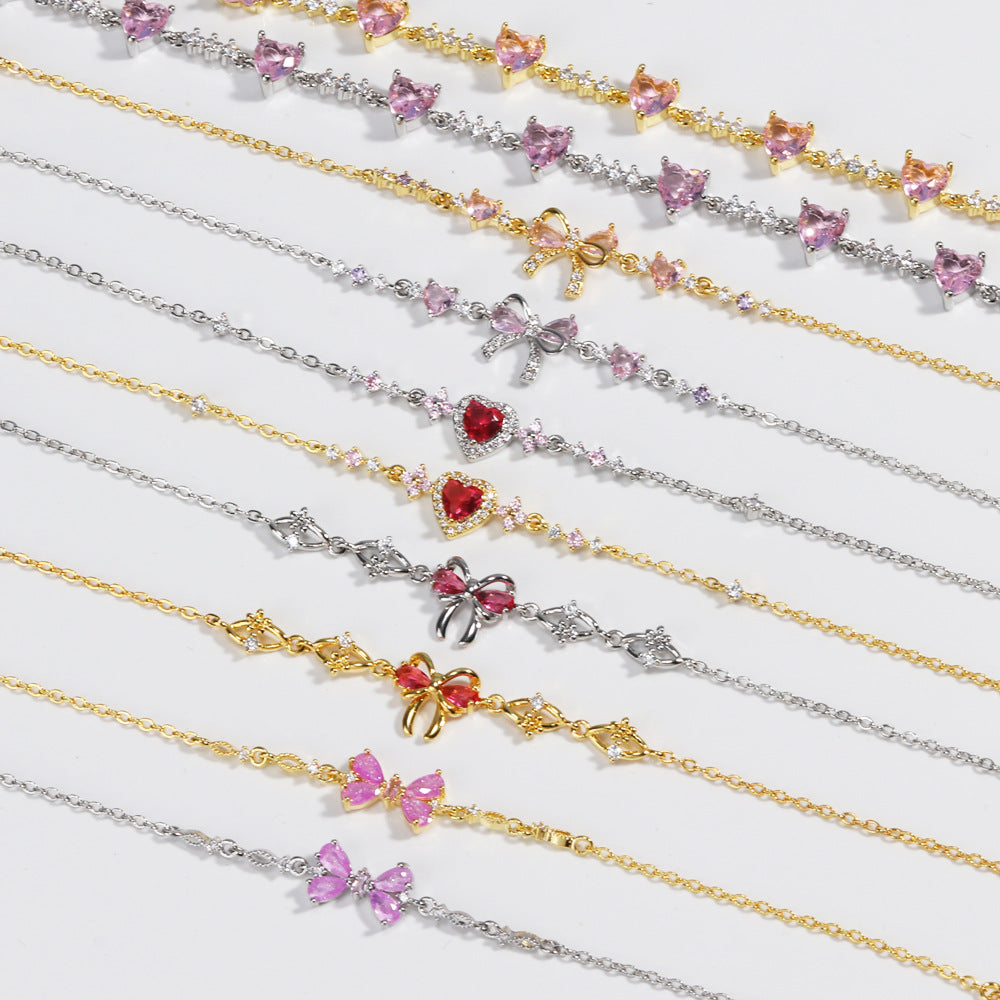 Gold Plated Heart-Shaped Zircon Bow Bracelet - Adjustable Minimalist Womens Jewelry