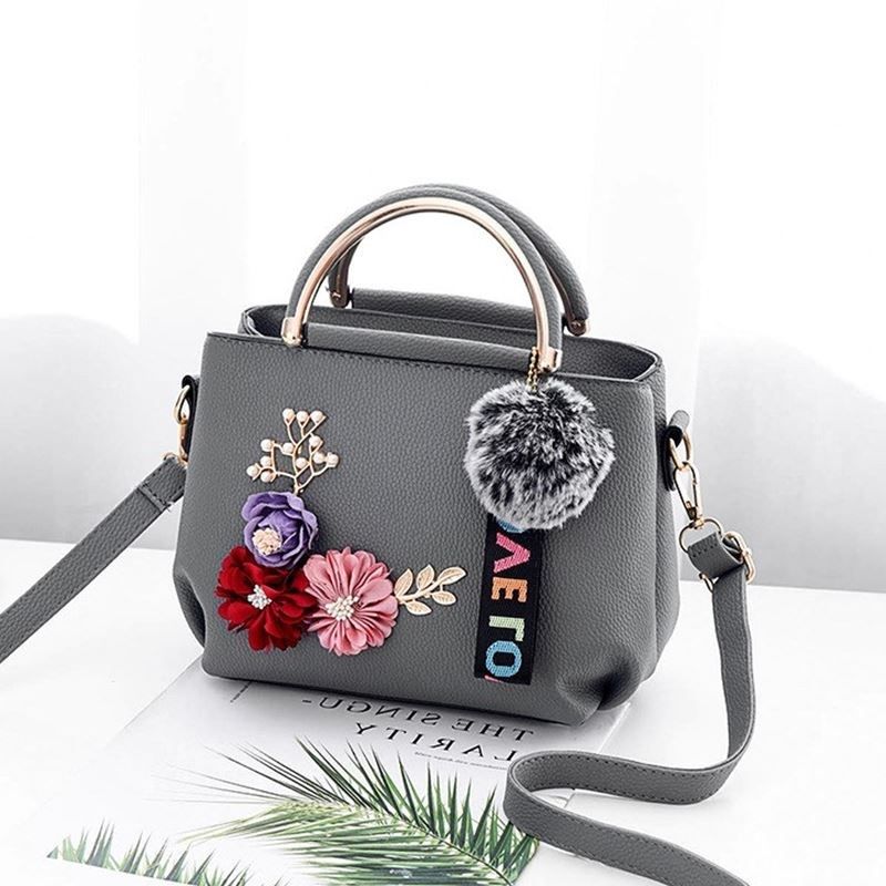 Floral Embroidered PU Shoulder Bag Foldable Medium Handbag