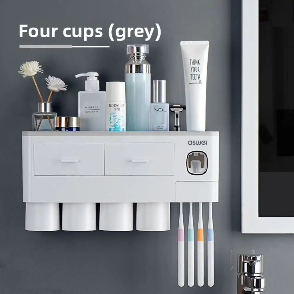 Magnetic Wall-Mounted Toothbrush Holder with Toothpaste Squeezer - Grey4 cups - Home Decor