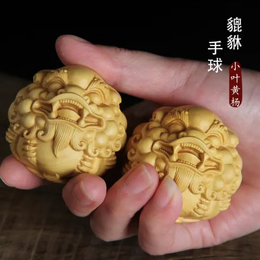 Red Sandalwood Hand Massage Health Balls - Pixiu Carved Wooden Stress & Acupressure Therapy Balls (Pair)