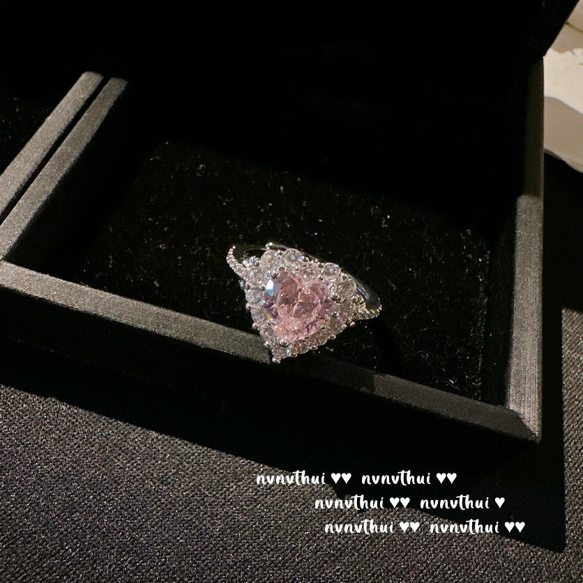 18K Gold Plated Pink Heart Zircon Jewelry Set - Adjustable Bracelet, Necklace, Ring & Earrings Palace Style Set