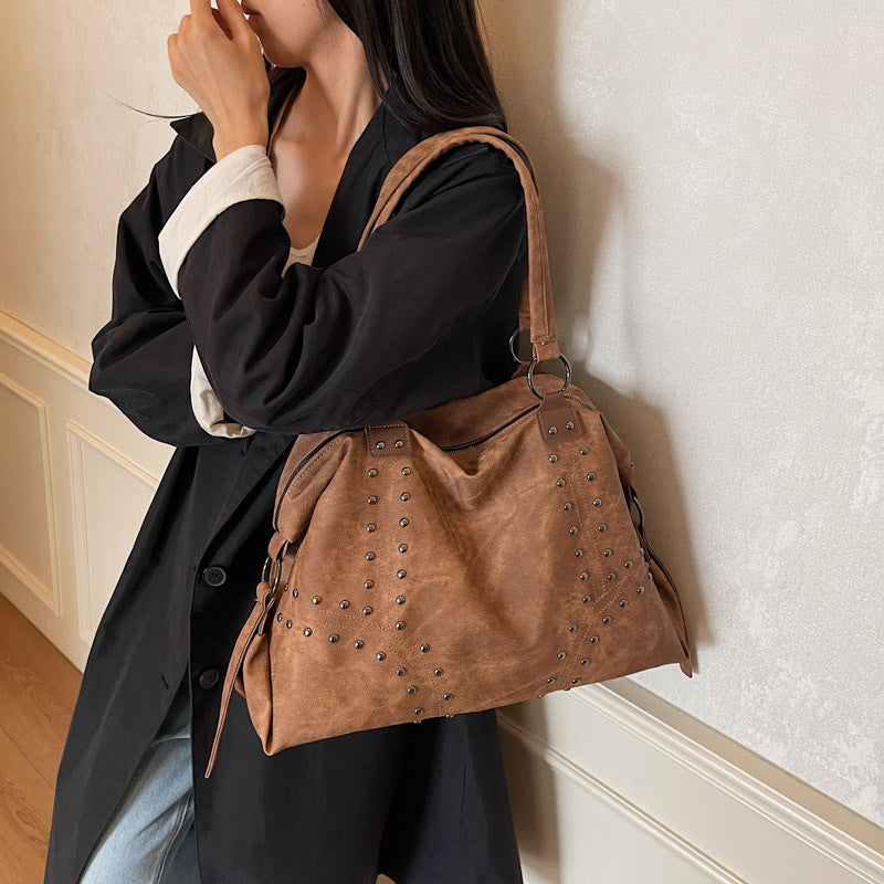 Rivet Tote Bag Large Capacity PU Shoulder Bag for Everyday Use