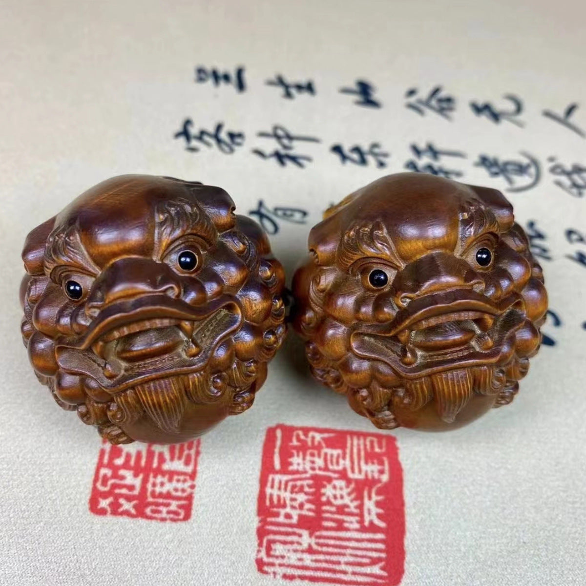 Red Sandalwood Hand Massage Health Balls - Pixiu Carved Wooden Stress & Acupressure Therapy Balls (Pair)