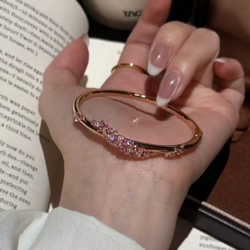 Rose Gold Floral Bracelet with Zircon & Artificial Diamonds - Pink and White Peach Blossom Light Luxury Bracelet