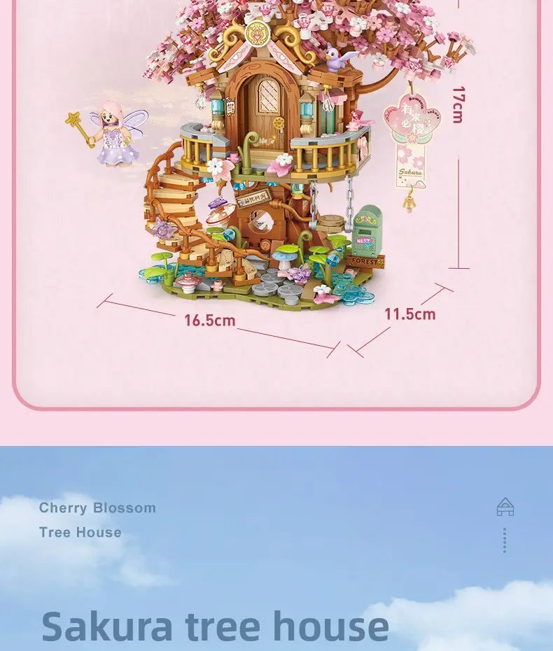 DIY Sakura Tree House Building Blocks Set (400-800 Pieces) - Pink Cherry Blossom Mini House Construction Toy Gift