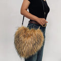 Heart-Shaped Plush Crossbody Bag Soft Raccoon Fur Shoulder Bag with Zipper Pocket, Retro Style