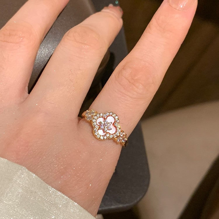 Pink Mother-of-Pearl Petal Ring - Adjustable Floral Open Ring in Silver or Rose Gold, Light Luxury Fairy Style