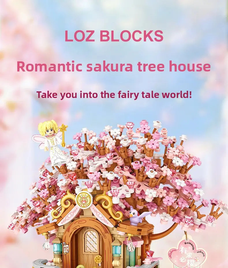 DIY Sakura Tree House Building Blocks Set (400-800 Pieces) - Pink Cherry Blossom Mini House Construction Toy Gift