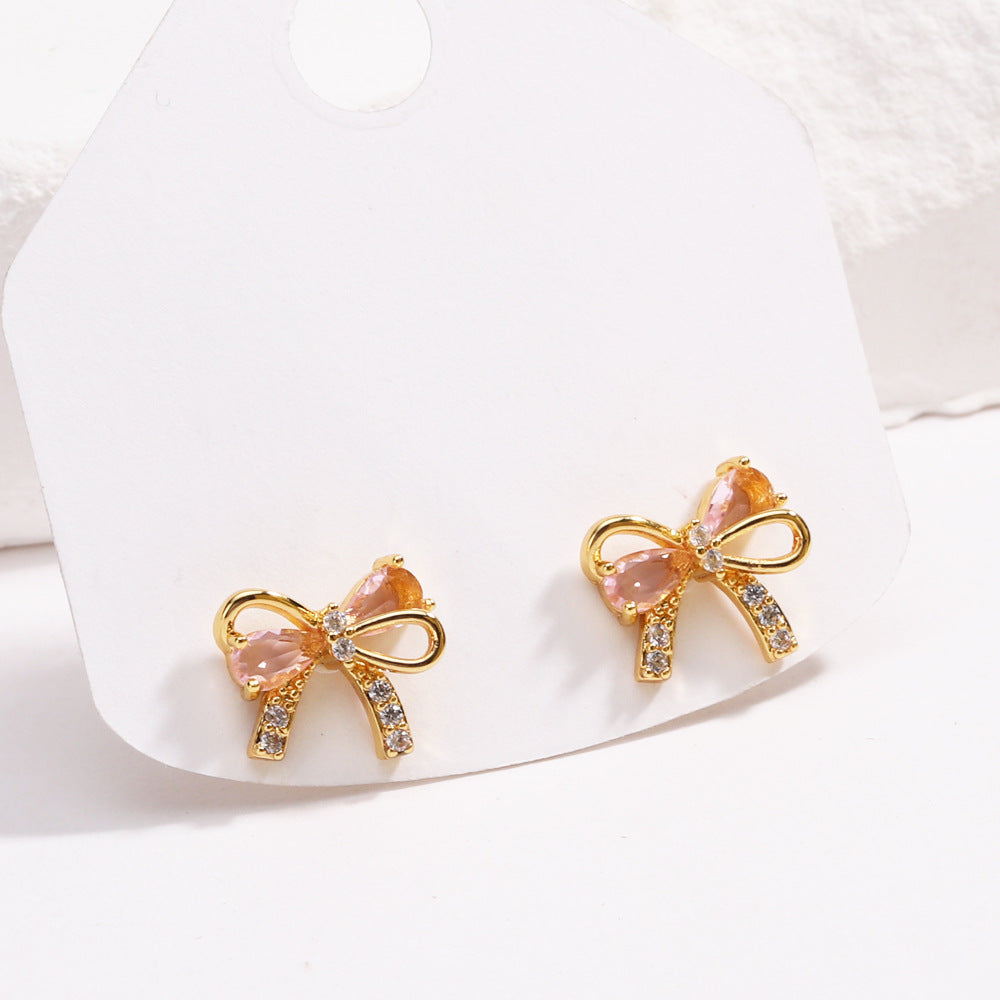 18K Gold Plated Pink Zircon Bow Earrings - Trendy INS Fashion Lightweight Studs for Women