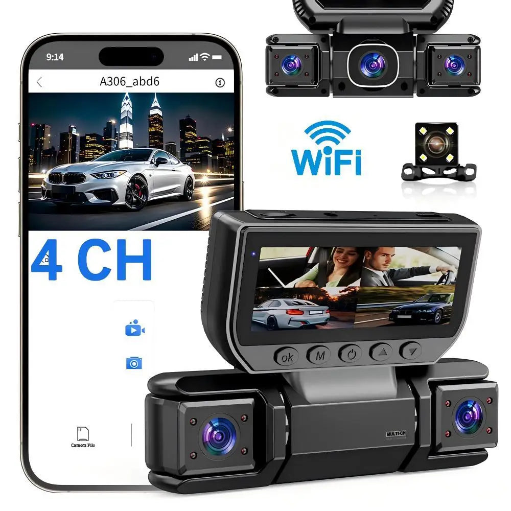 1080P WiFi Car Dash Camera with Four Lenses & Night Vision - Wide Angle Loop Recording Dash Cam
