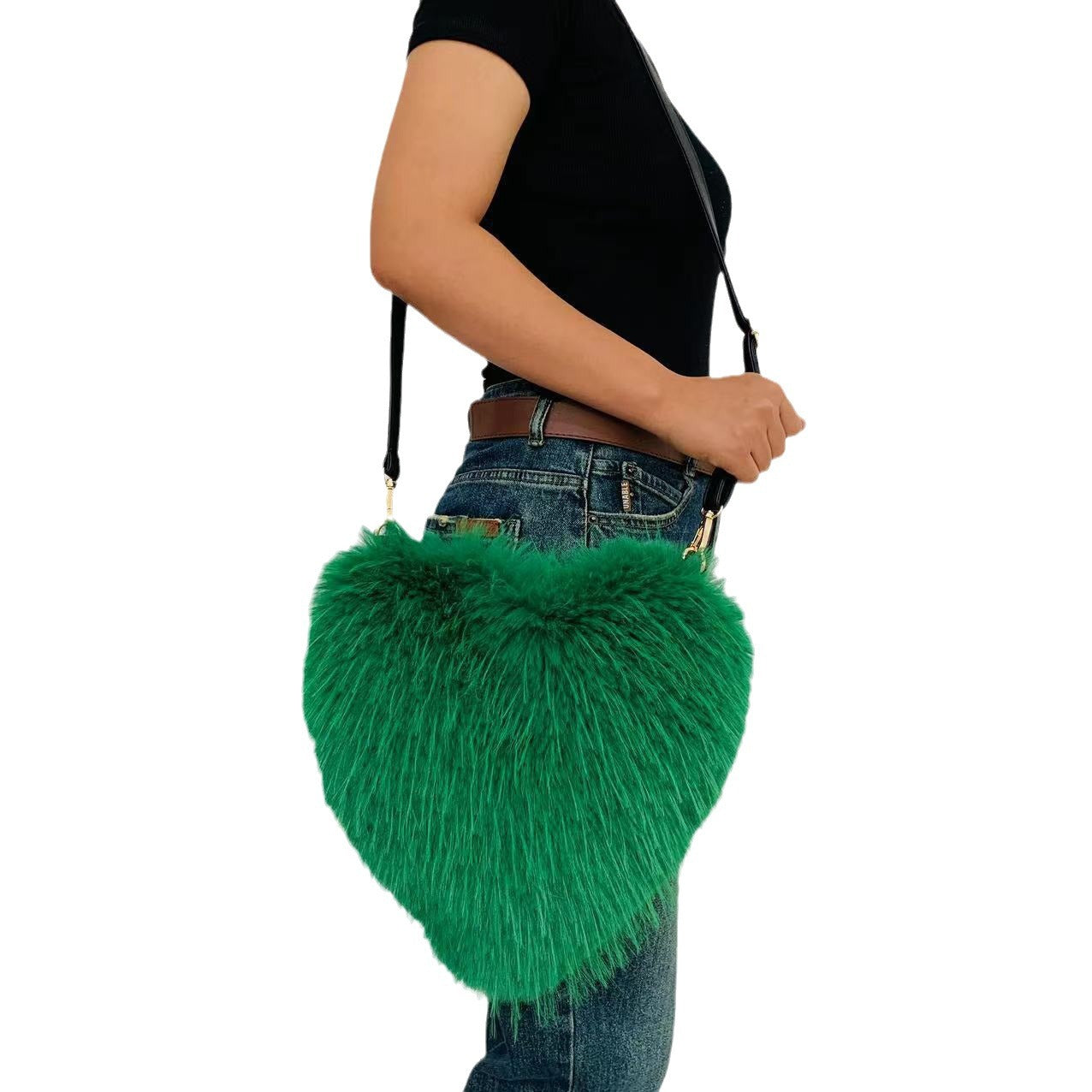Heart-Shaped Plush Crossbody Bag Soft Raccoon Fur Shoulder Bag with Zipper Pocket, Retro Style