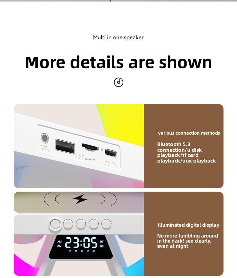 15W Bluetooth Speaker Wireless Charger Alarm Clock Night Light 2.1 Sound