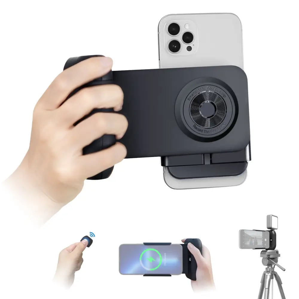 Bluetooth Camera Grip with Magnetic Remote & Wireless Charging - Rotatable Phone Holder Tripod Stand - Consumer
