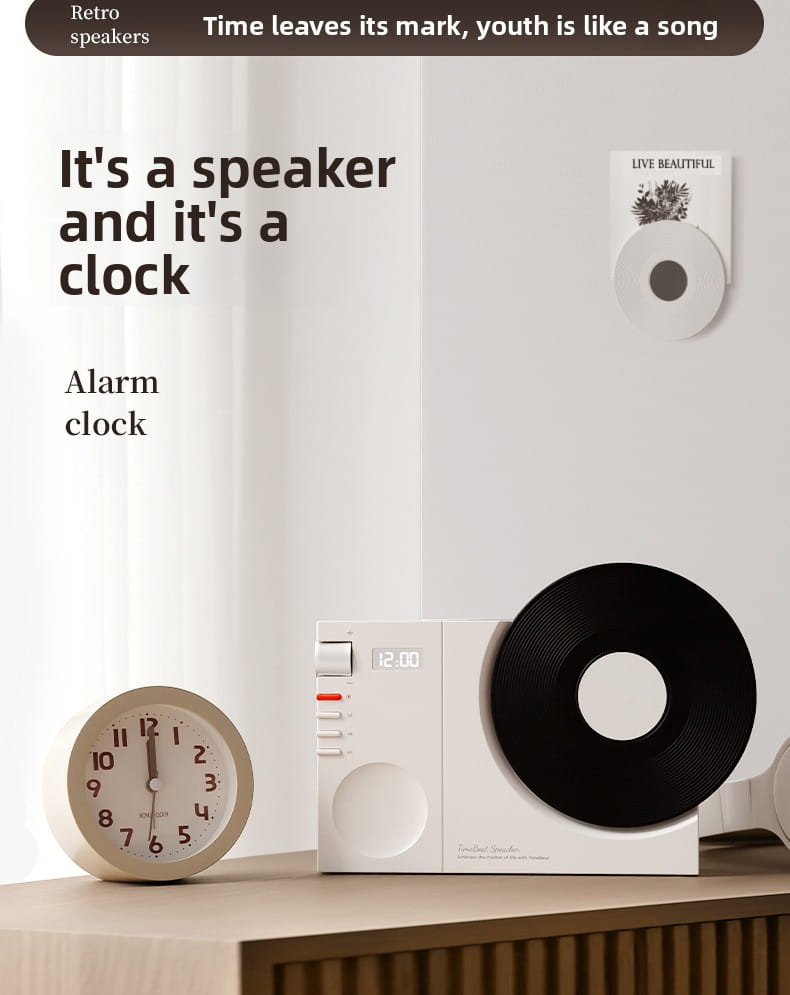 Retro Vinyl Clock Bluetooth Speaker (LK09) - Portable 5W Wireless Speaker with TF & AUX Support