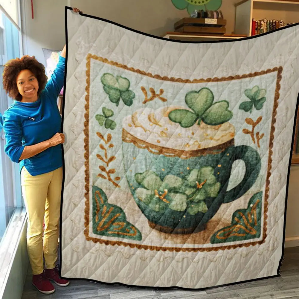 St. Patricks Day Quilt Bedding Set with Shamrock Mug Design - Holiday Gifts