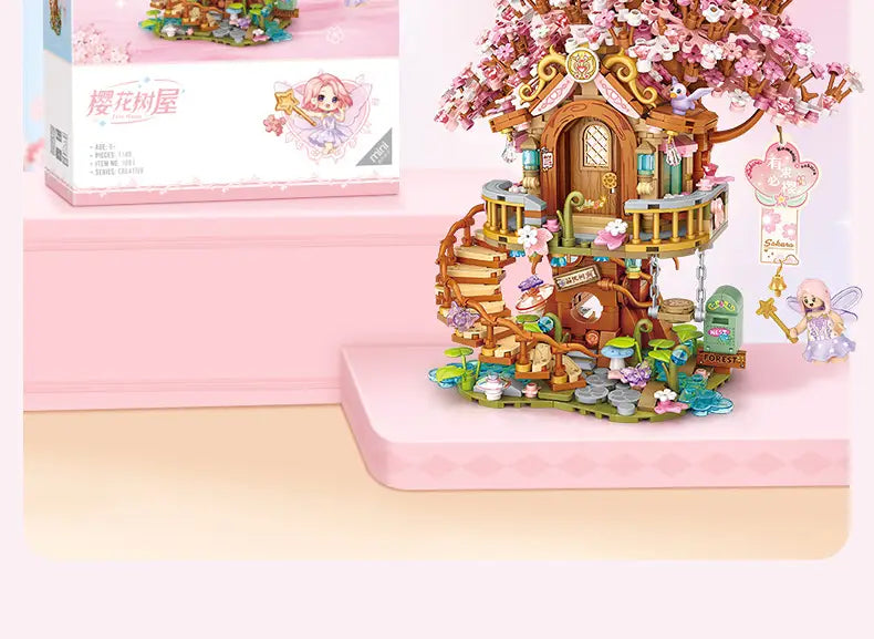 DIY Sakura Tree House Building Blocks Set (400-800 Pieces) - Pink Cherry Blossom Mini House Construction Toy Gift