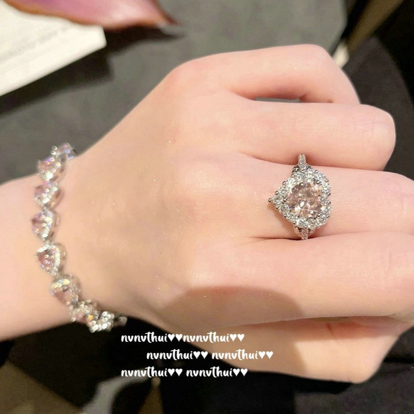 18K Gold Plated Pink Heart Zircon Jewelry Set - Adjustable Bracelet, Necklace, Ring & Earrings Palace Style Set