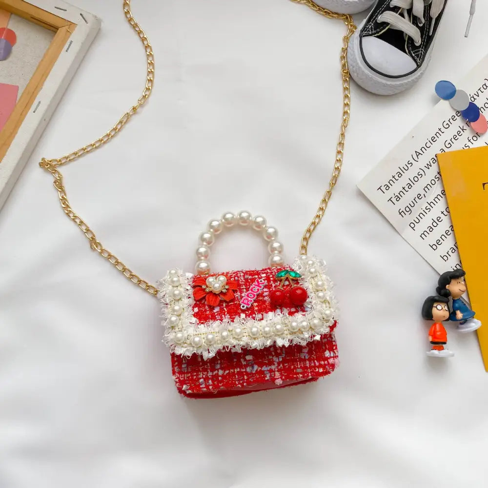 Childrens Pearl Crossbody Handbag- Cute Animal & Zodiac Mini Purse with Adjustable Strap - Cherry Red - Gifts for All