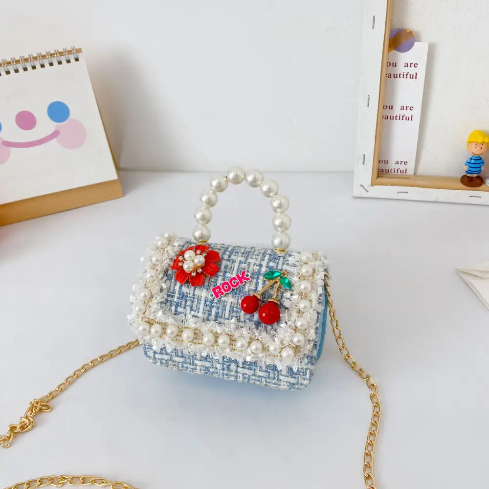 Childrens Pearl Crossbody Handbag- Cute Animal & Zodiac Mini Purse with Adjustable Strap - Cherry Blue - Gifts for All