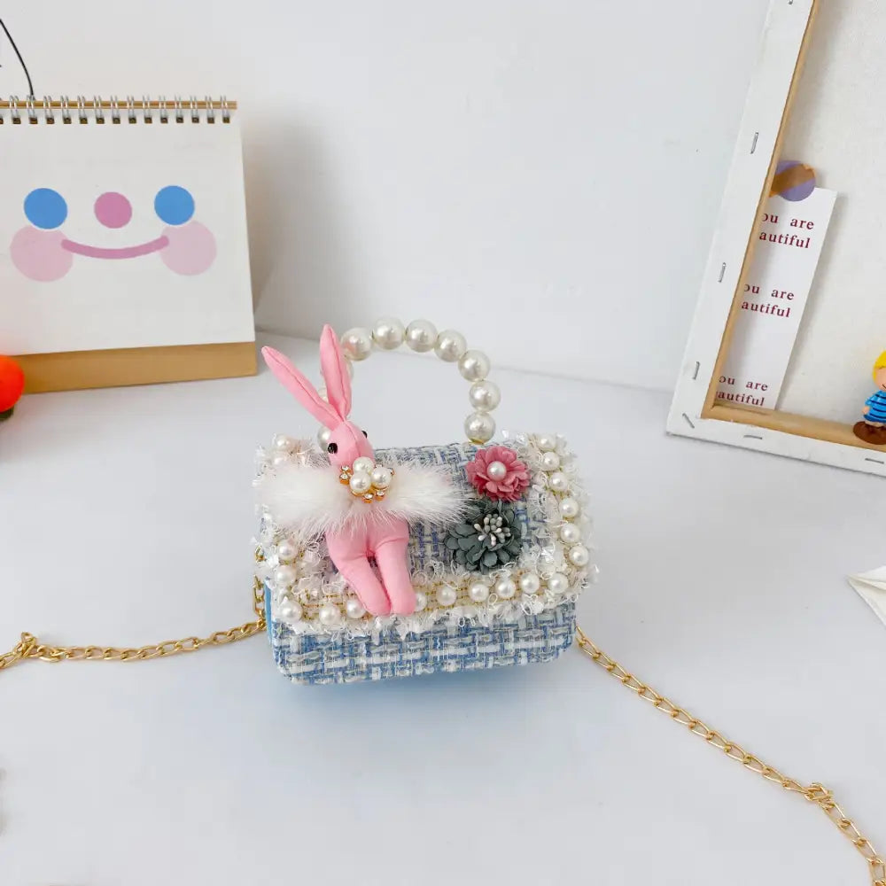 Childrens Pearl Crossbody Handbag- Cute Animal & Zodiac Mini Purse with Adjustable Strap - Rabbit Blue - Gifts for All