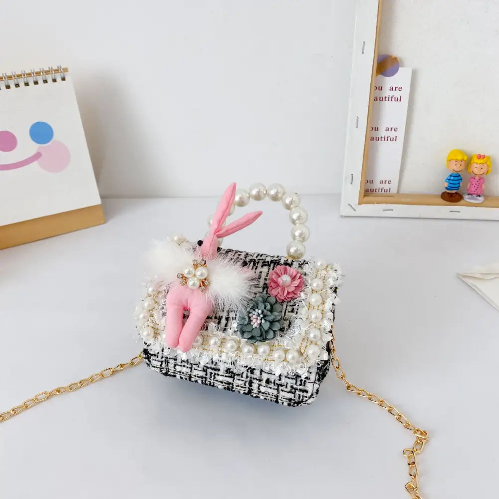 Childrens Pearl Crossbody Handbag- Cute Animal & Zodiac Mini Purse with Adjustable Strap - Rabbit Black - Gifts for All