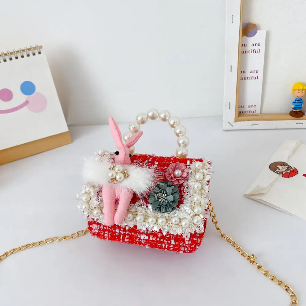 Childrens Pearl Crossbody Handbag- Cute Animal & Zodiac Mini Purse with Adjustable Strap - Red Rabbit - Gifts for All