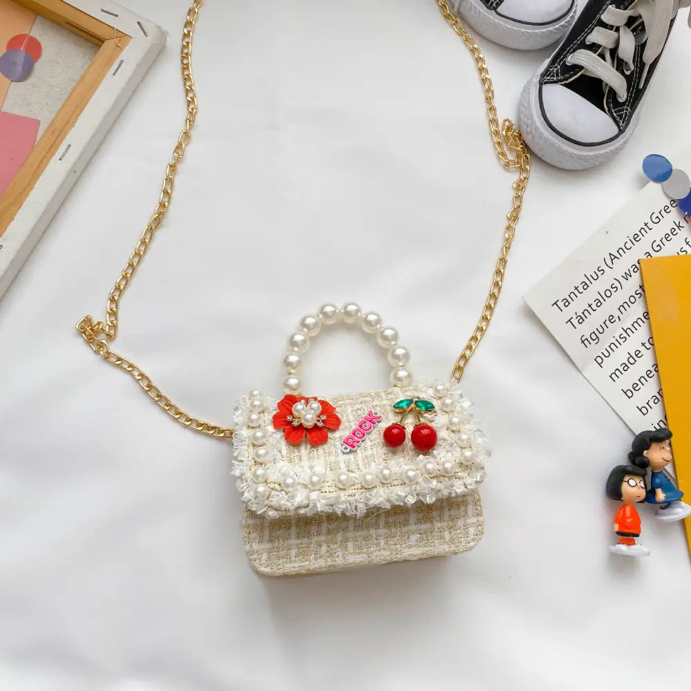 Childrens Pearl Crossbody Handbag- Cute Animal & Zodiac Mini Purse with Adjustable Strap - Cherry khaki - Gifts for All