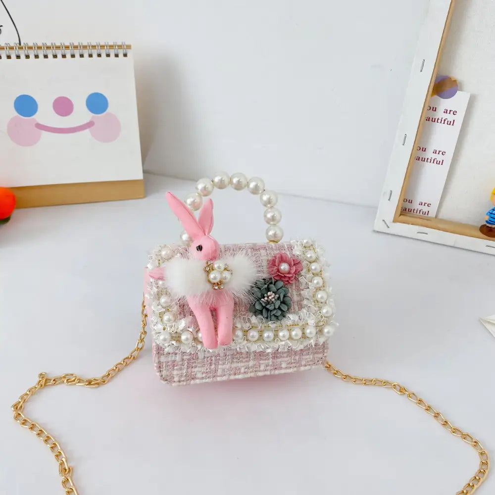 Childrens Pearl Crossbody Handbag- Cute Animal & Zodiac Mini Purse with Adjustable Strap - Rabbit powder - Gifts