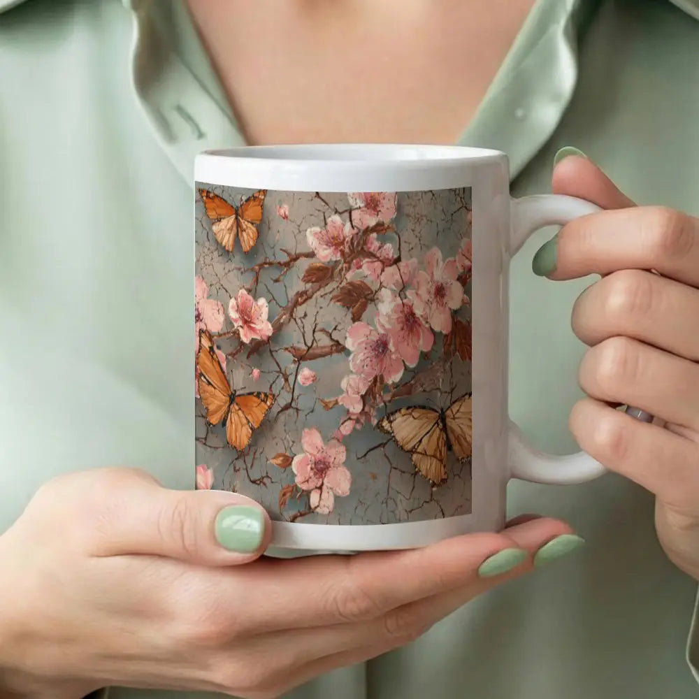 Custom Butterfly Floral Ceramic Mug – 340ml All-Over Print Coffee Cup - M / White - Gifts for All Occasions