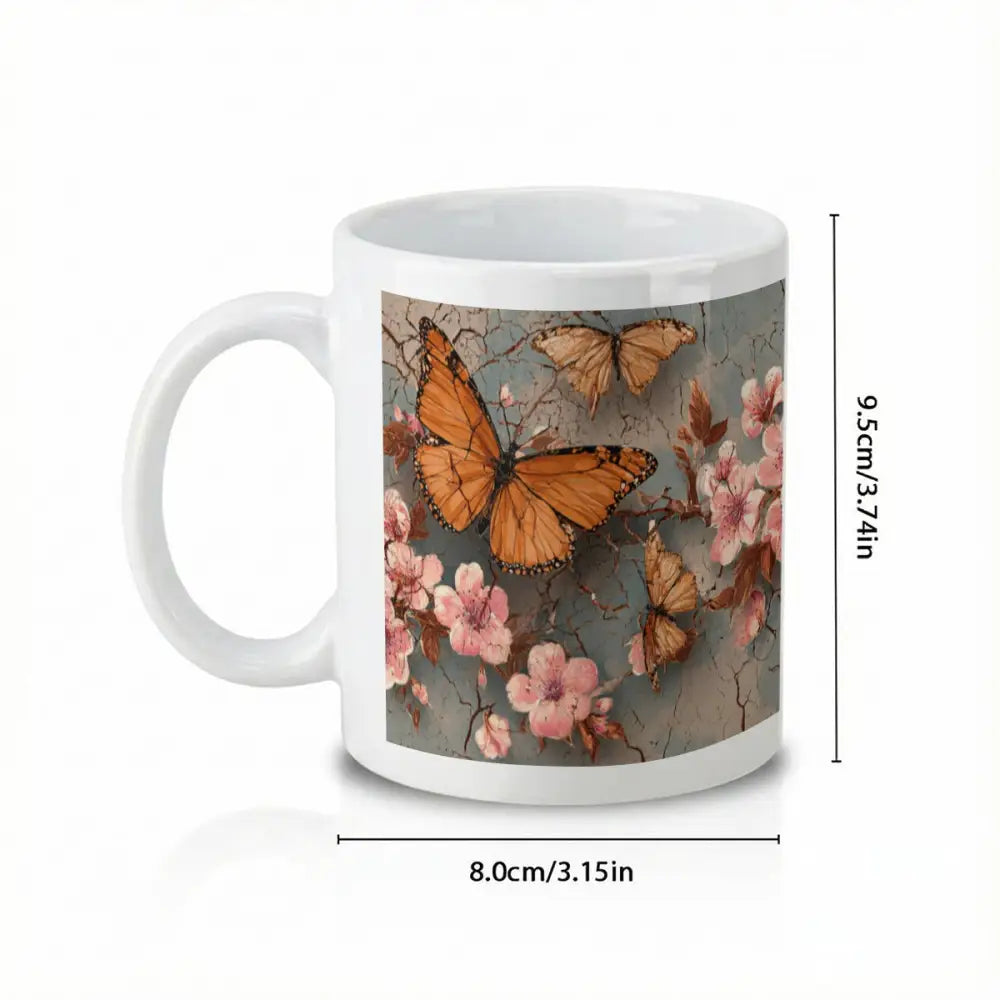 Custom Butterfly Floral Ceramic Mug – 340ml All-Over Print Coffee Cup - M / White - Gifts for All Occasions
