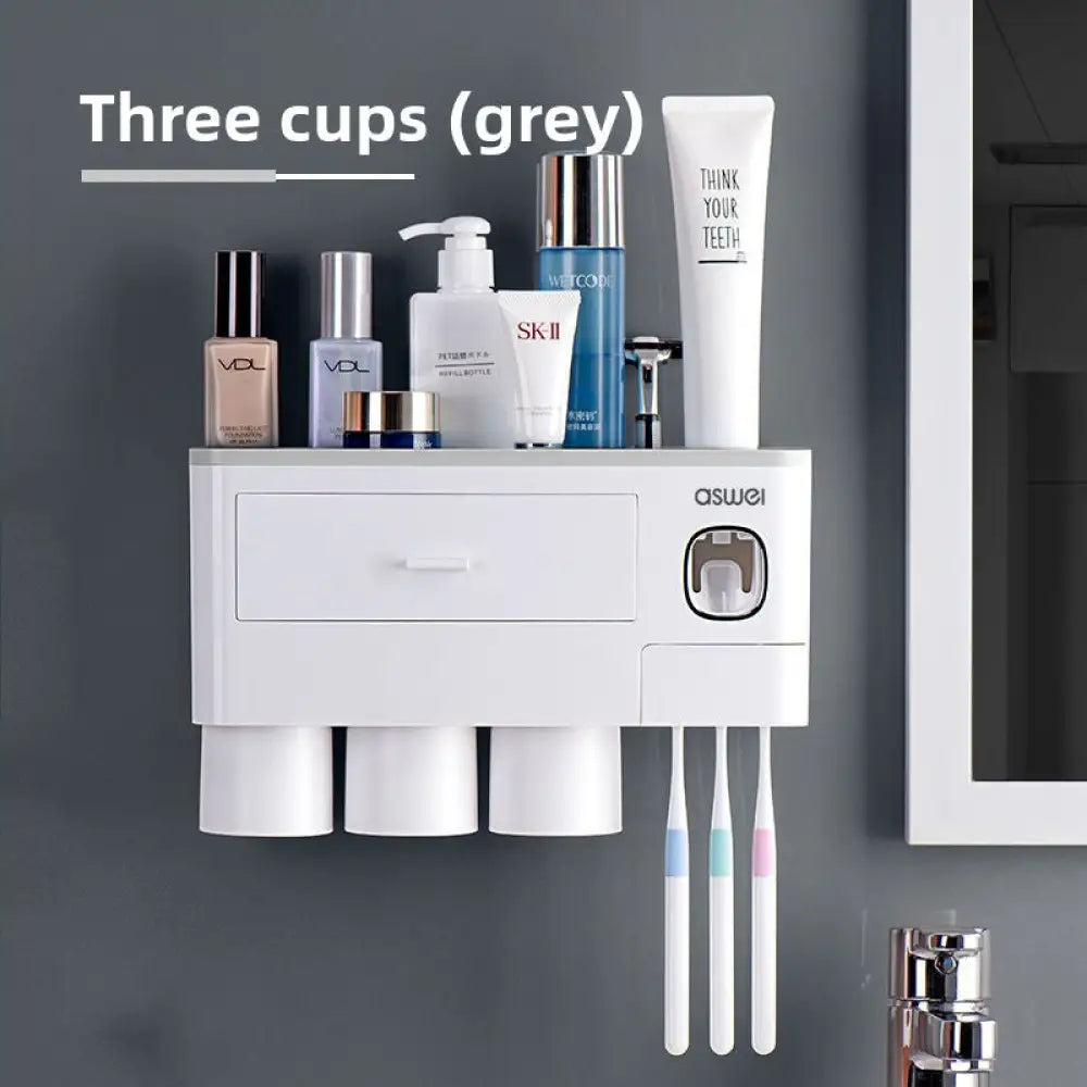 Magnetic Wall-Mounted Toothbrush Holder with Toothpaste Squeezer - Greythree mouth 3 Cup - Home Decor