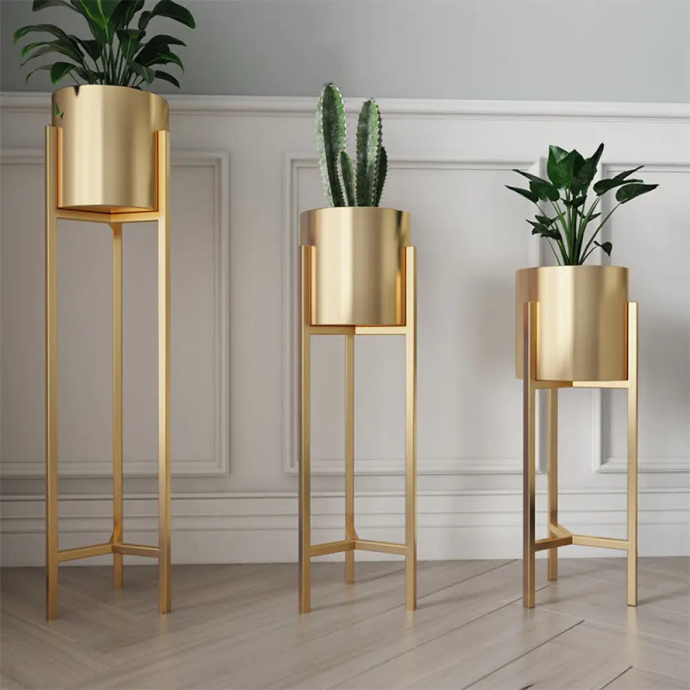 Nordic Gold Metal Plant Stand with Cylindrical Pot Holders - Home Decor