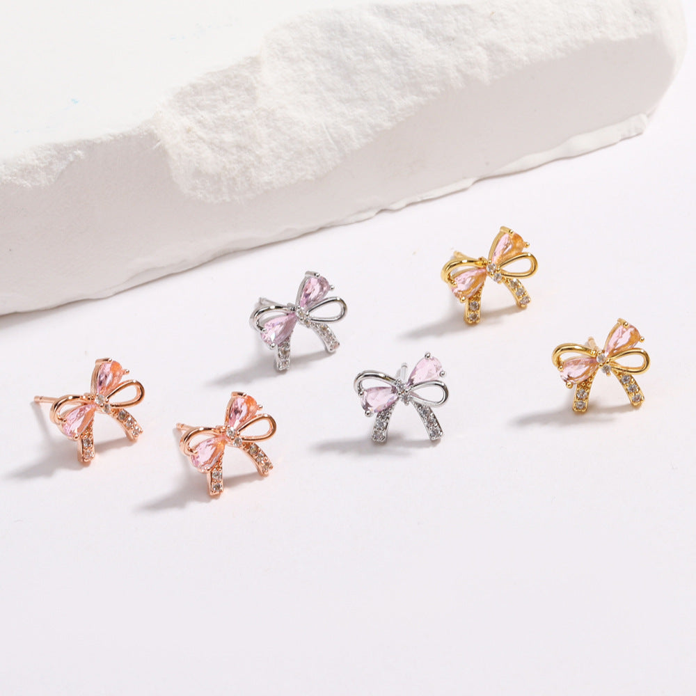 18K Gold Plated Pink Zircon Bow Earrings - Trendy INS Fashion Lightweight Studs for Women