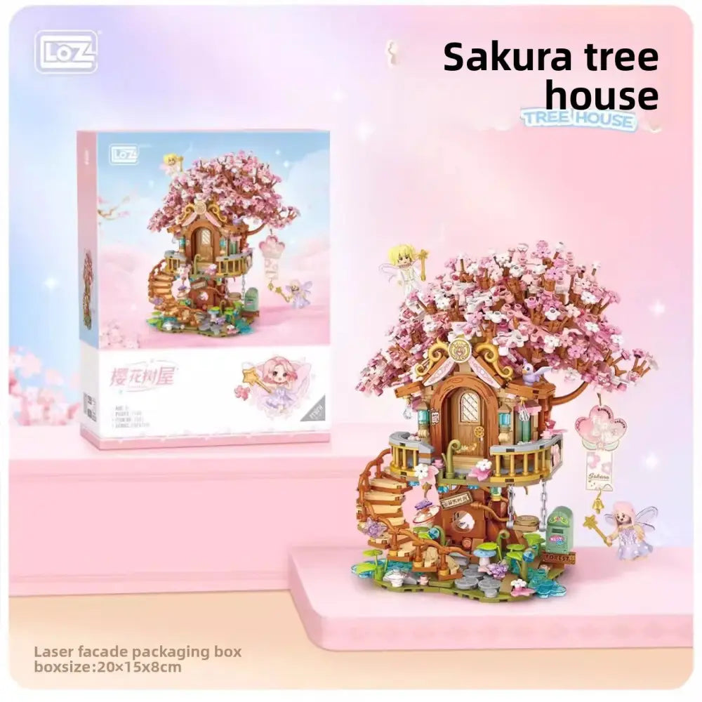 DIY Sakura Tree House Building Blocks Set (400-800 Pieces) - Pink Cherry Blossom Mini House Construction Toy Gift