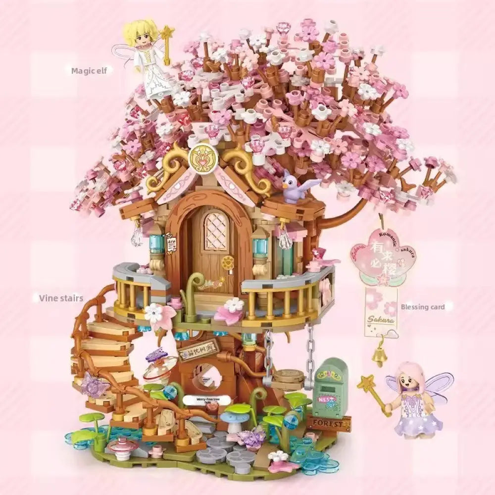 DIY Sakura Tree House Building Blocks Set (400-800 Pieces) - Pink Cherry Blossom Mini House Construction Toy Gift