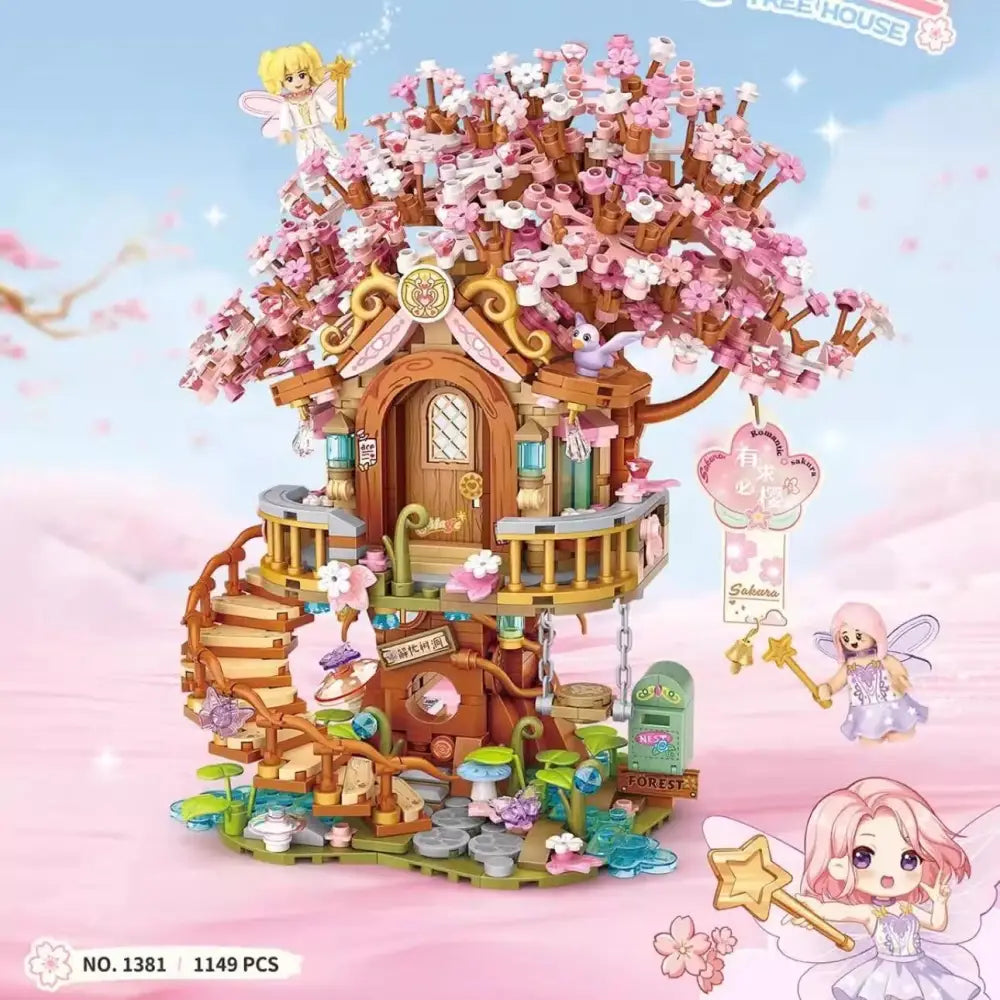 DIY Sakura Tree House Building Blocks Set (400-800 Pieces) - Pink Cherry Blossom Mini House Construction Toy Gift