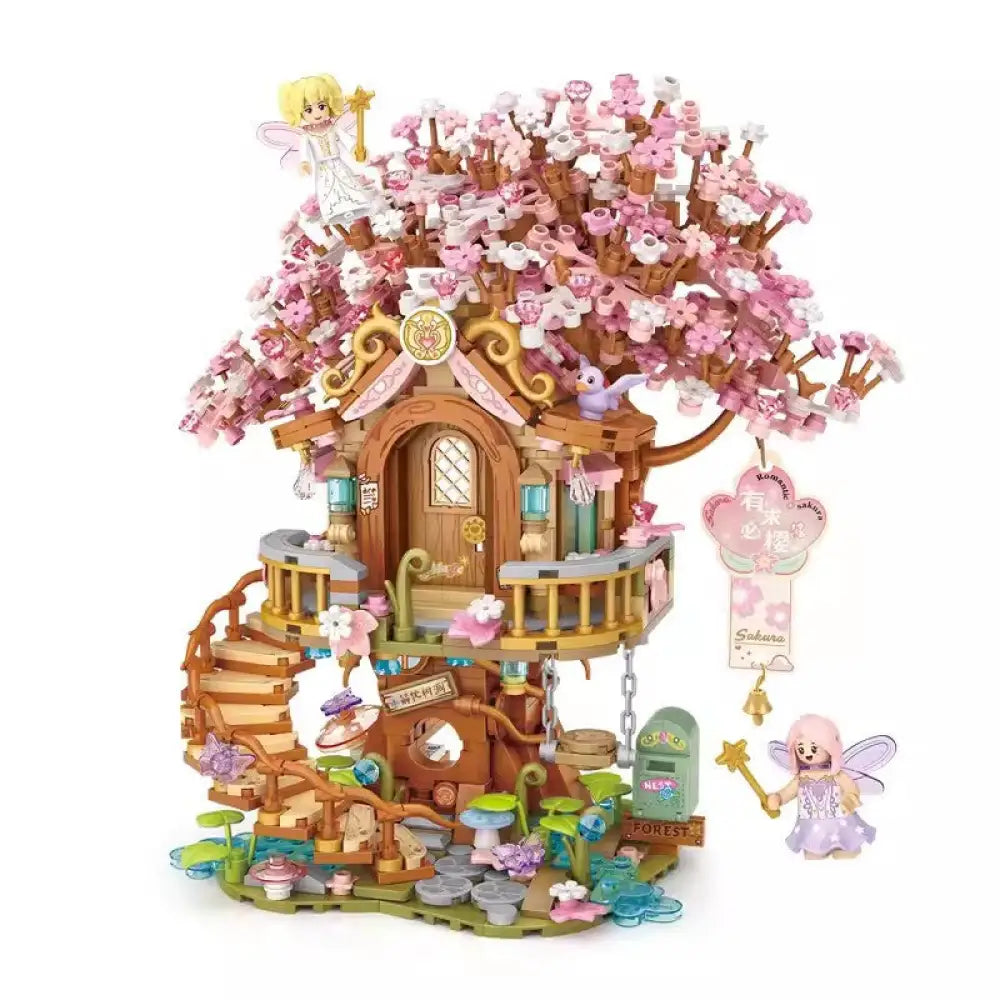 DIY Sakura Tree House Building Blocks Set (400-800 Pieces) - Pink Cherry Blossom Mini House Construction Toy Gift