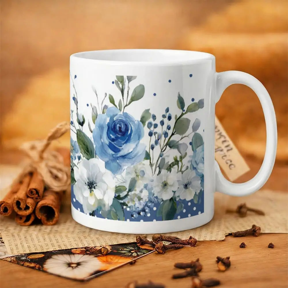 Dusty Blue Flowers Ceramic Mug – Floral Printed Coffee & Tea Cup 340ml Stylish Drinkware - M / White - Gifts for All
