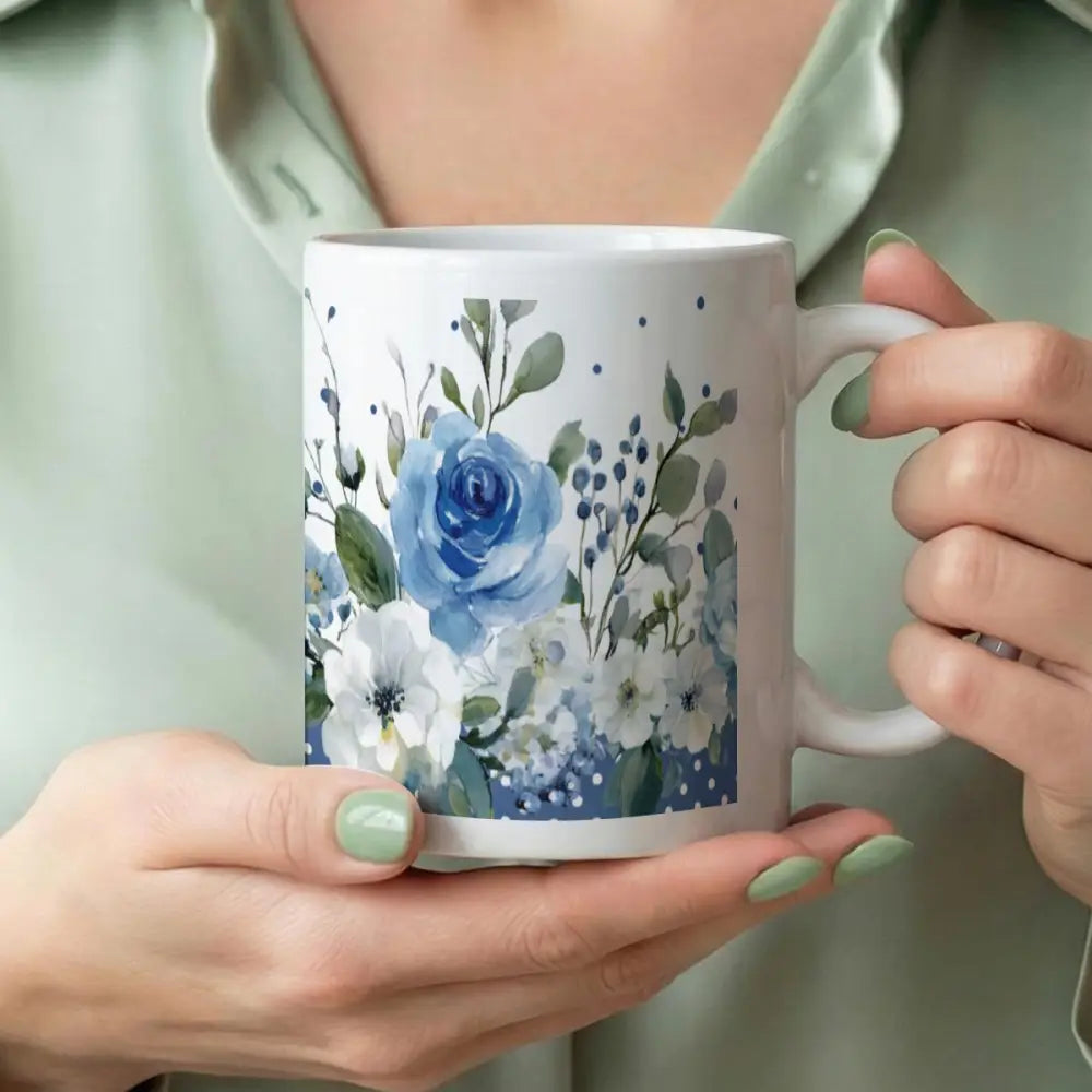 Dusty Blue Flowers Ceramic Mug – Floral Printed Coffee & Tea Cup 340ml Stylish Drinkware - M / White - Gifts for All