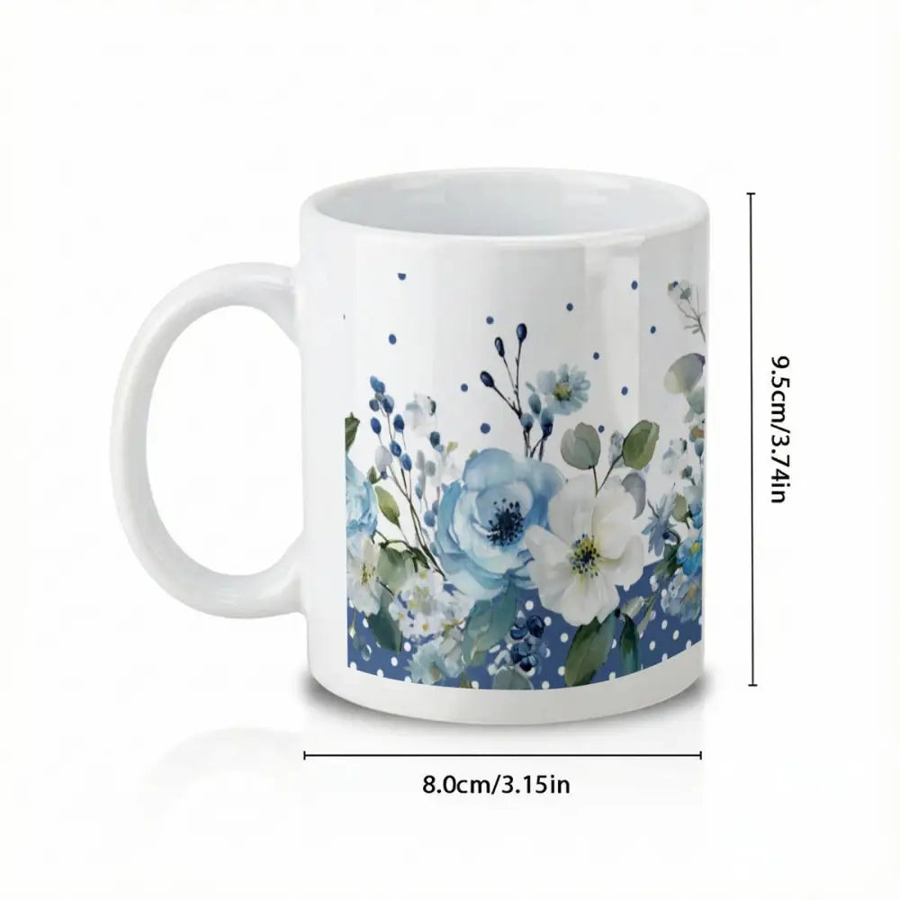 Dusty Blue Flowers Ceramic Mug – Floral Printed Coffee & Tea Cup 340ml Stylish Drinkware - M / White - Gifts for All