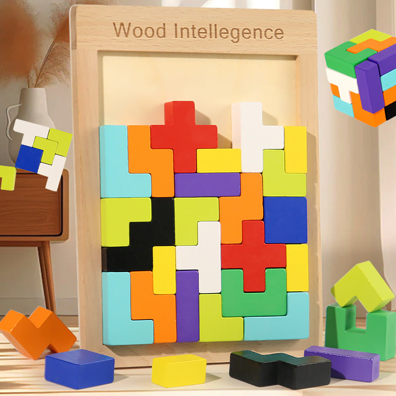 Wooden Tetris Puzzle for Kids 3D Educational Building Blocks for Ages 3-6, Creative Spatial Learning Toy
