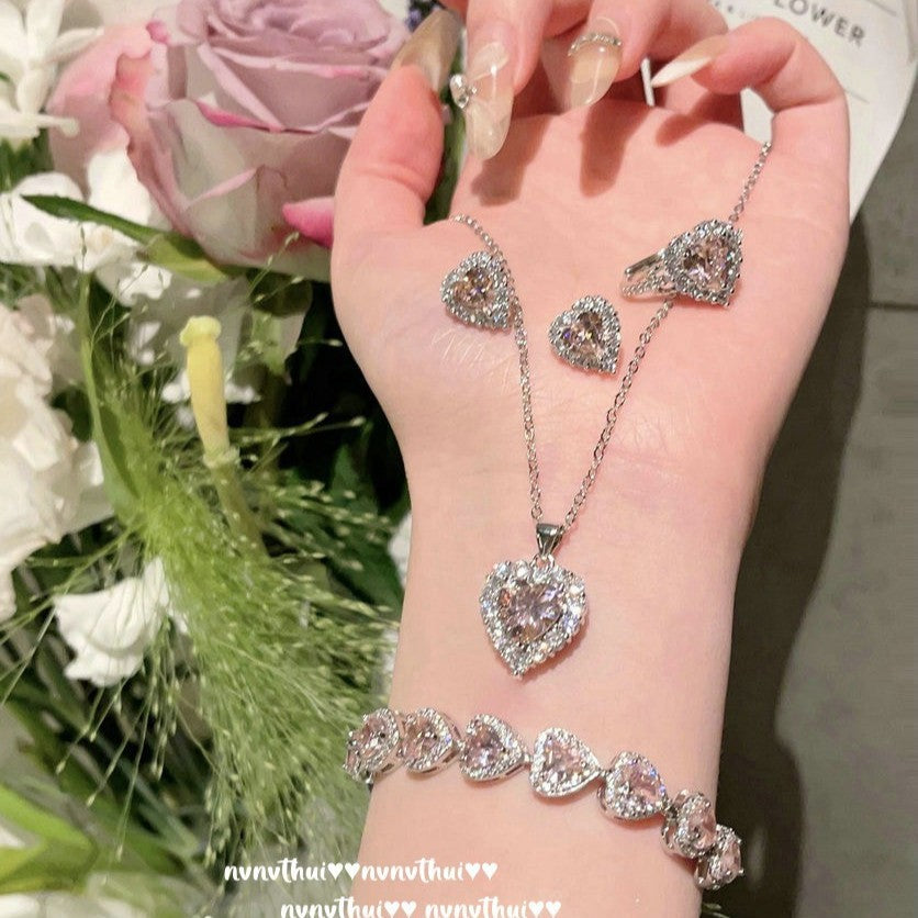 18K Gold Plated Pink Heart Zircon Jewelry Set - Adjustable Bracelet, Necklace, Ring & Earrings Palace Style Set