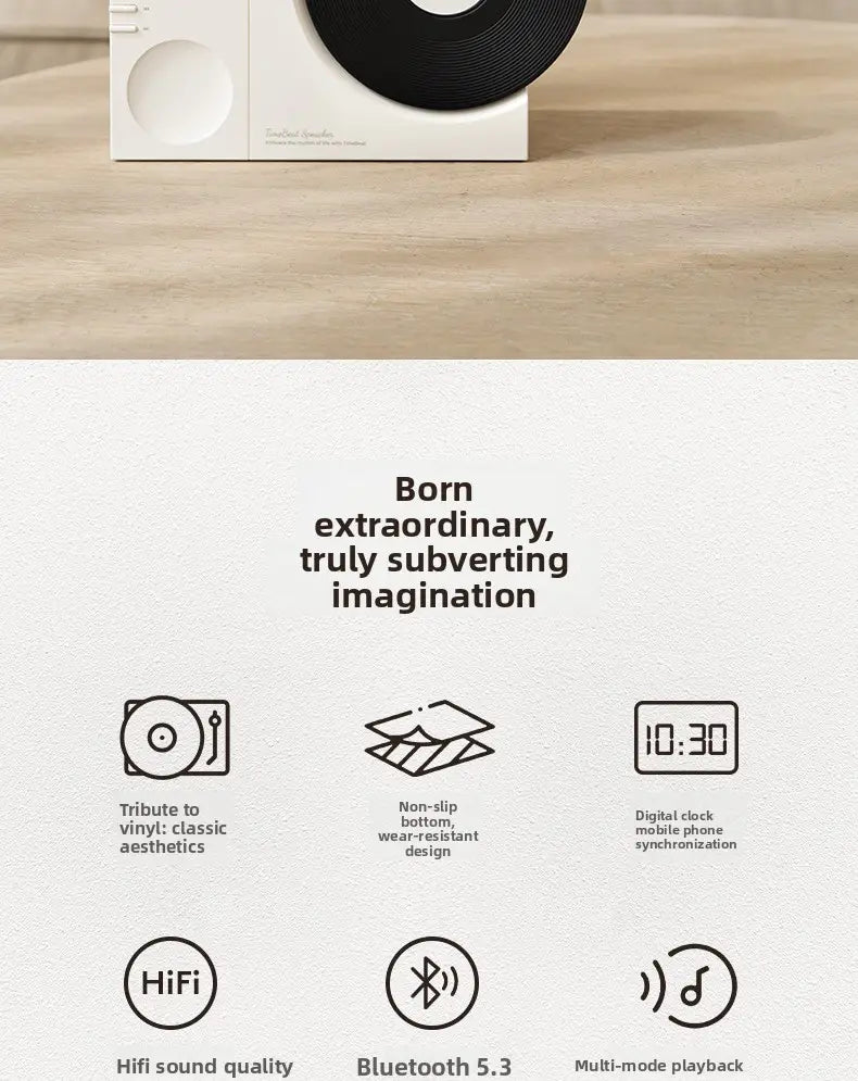 Retro Vinyl Clock Bluetooth Speaker (LK09) - Portable 5W Wireless Speaker with TF & AUX Support